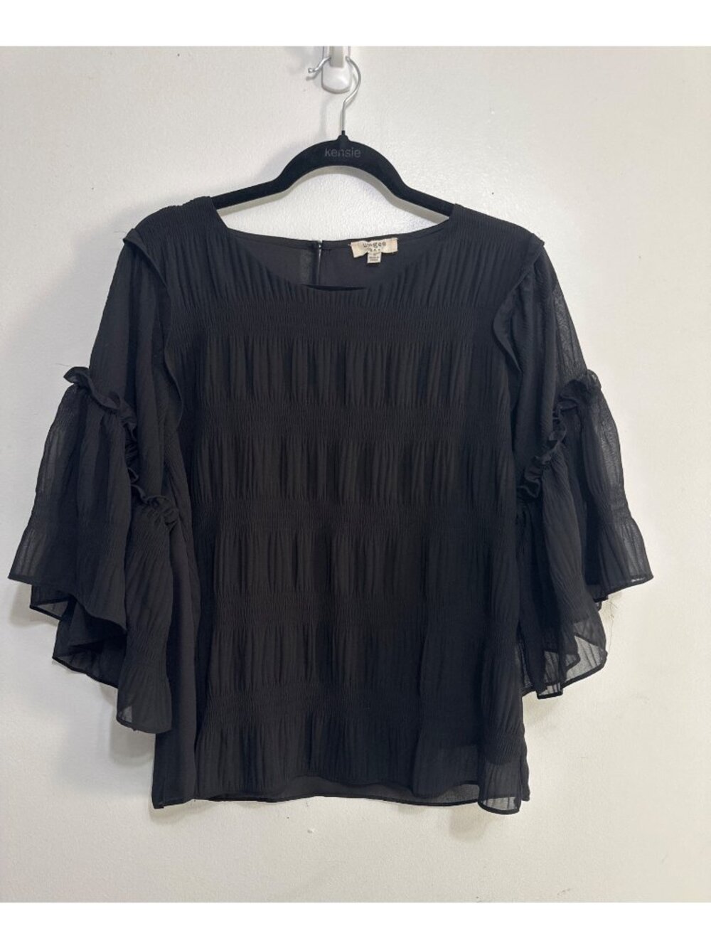Umgee USA Black Sheer Ruffled Bell Sleeve Blouse Size S Womens